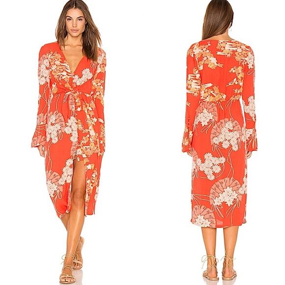 Free People Mixed Print Twist Dress in Red Combo Medium Midi Floral Chic NWT - Picture 2 of 13